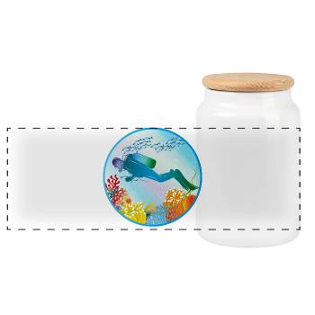 Divers in the colorful coral reef - Panoramic Cookie Jar with Wooden Lid - white - Front