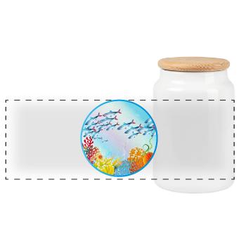School of colorful fish in coral reef - Panoramic Cookie Jar with Wooden Lid - white - Front
