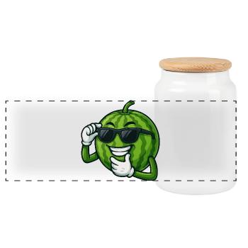 Cool Watermelon with Sunglasses Cartoon Summer - Panoramic Cookie Jar with Wooden Lid - white - Front