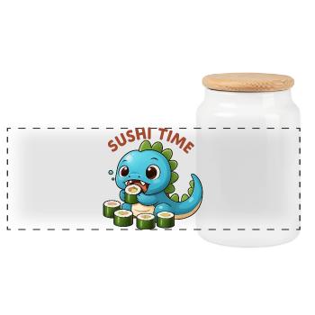 Cute dinosaur with sushi theme - Panoramic Cookie Jar with Wooden Lid - white - Front