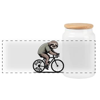 Sloth Riding Bicycle Slow Ride Road Bike - Panoramic Cookie Jar with Wooden Lid - white - Front