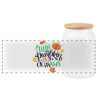 Autumn Decoration with Pumpkin and Leaves - Panoramic Cookie Jar with Wooden Lid - white - Front