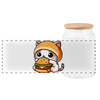 Dessin animé de chat mignon avec hamburger amateur de restauration rapide - Boîte à biscuits avec couvercle en bois - blanc - Devant