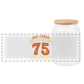 Das Leben beginnt mit 75 zum 75. Geburtstag - Panorama Keksdose mit Holzdeckel - Weiß - Vorne