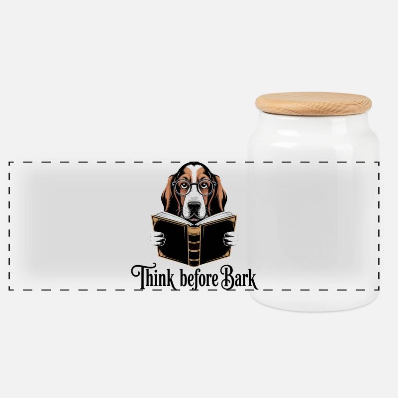 Smart Dog Reading Book Design - Panoramic Cookie Jar with Wooden Lid - white