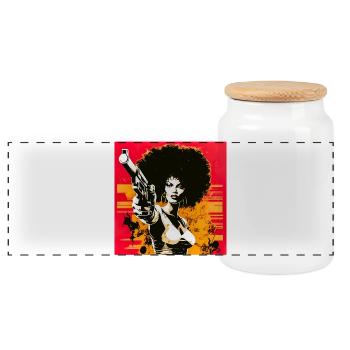 Afro Urban Art Print Woman with Revolver - Panoramic Cookie Jar with Wooden Lid - white - Front