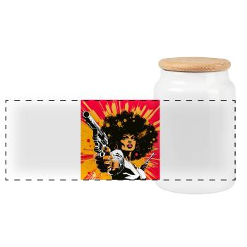 Female portrait with a revolver in pop art style - Panoramic Cookie Jar with Wooden Lid - white - Front