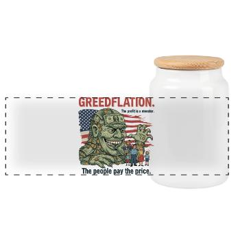 Greedy Greedflation Cartoon Design - Panoramic Cookie Jar with Wooden Lid - white - Front