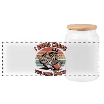 Chaos Cat and Snacks - Panoramic Cookie Jar with Wooden Lid - white - Front