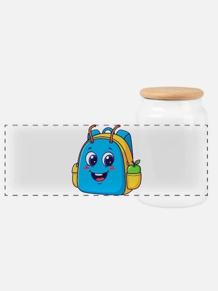 Fröhlicher Rucksack mit Apfelmotiv - Panorama Keksdose mit Holzdeckel - Weiß