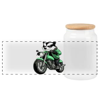 Dachs Motorrad - Panorama Keksdose mit Holzdeckel - Weiß - Vorne