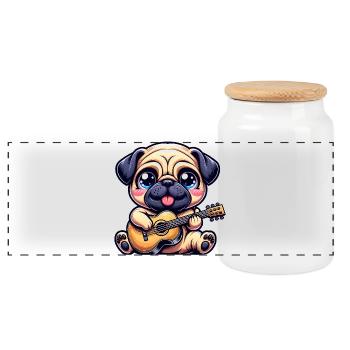 Pug With Guitar Cute Music Lover - Panoramic Cookie Jar with Wooden Lid - white - Front