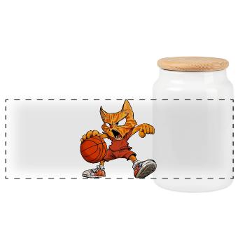 Katzen Basketballerin / Basketball Katze - Panorama Keksdose mit Holzdeckel - Weiß - Vorne