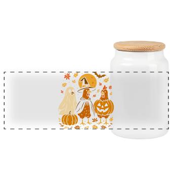 Halloween chickens with pumpkins and hats - Panoramic Cookie Jar with Wooden Lid - white - Front