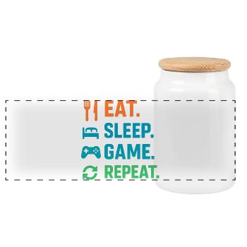 Lifestyle Motto Design for Gamers and Leisure - Panoramic Cookie Jar with Wooden Lid - white - Front