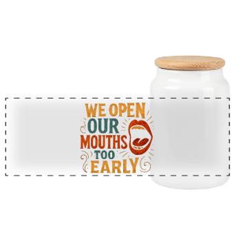 Funny Saying, We open our Mouths  - Panoramic Cookie Jar with Wooden Lid - white - Front