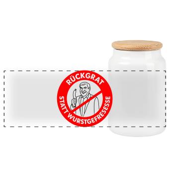 Rückgrat statt Wurstgefresse! WUNSCHFARBEN Comic - Panorama Keksdose mit Holzdeckel - Weiß - Vorne
