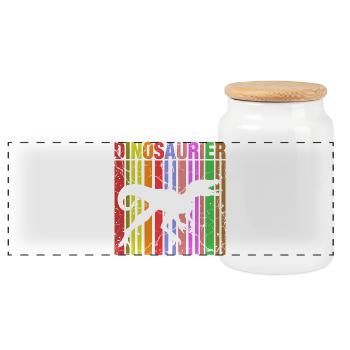Dinosaur silhouette with color details - Panoramic Cookie Jar with Wooden Lid - white - Front