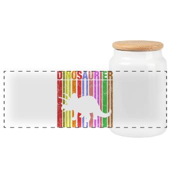 Dinosaur silhouette with color details - Panoramic Cookie Jar with Wooden Lid - white - Front