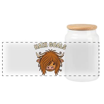 Hair Goals – Witziges Highland Rind Motiv - Panorama Keksdose mit Holzdeckel - Weiß - Vorne