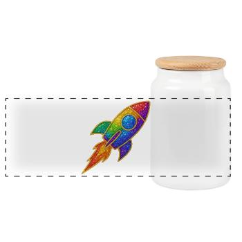 Regenbogen Rakete Glitzer Design - Panorama Keksdose mit Holzdeckel - Weiß - Vorne