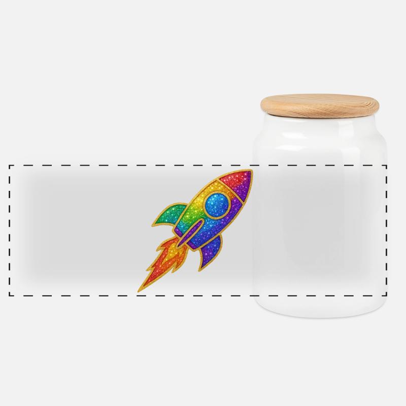 Regenbogen Rakete Glitzer Design - Panorama Keksdose mit Holzdeckel - Weiß