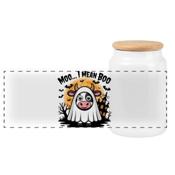 Cow in ghost costume "Moo... I mean Boo" - Panoramic Cookie Jar with Wooden Lid - white - Front