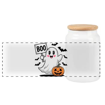 Halloween Boo Ghost with Pumpkin - Panoramic Cookie Jar with Wooden Lid - white - Front