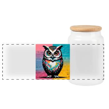 owl - Panoramic Cookie Jar with Wooden Lid - white - Front
