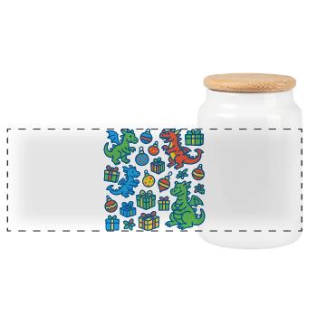 Festive Cartoon Dragon and Gift Pattern - Panoramic Cookie Jar with Wooden Lid - white - Front