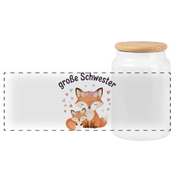 Big Sister Fox with Flower Wreath - Panoramic Cookie Jar with Wooden Lid - white - Front