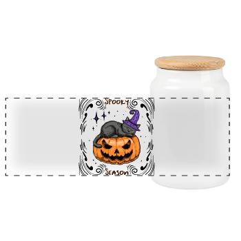 Schläfrige Katze Halloween _Dekoriert - Panorama Keksdose mit Holzdeckel - Weiß - Vorne