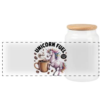 Einhorn-Brennstoff-Kaffeemagie - Panorama Keksdose mit Holzdeckel - Weiß - Vorne