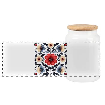 Nordic floral pattern - Panoramic Cookie Jar with Wooden Lid - white - Front