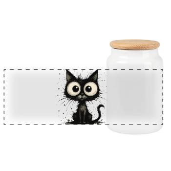 Funny black cat with big eyes – splash - Panoramic Cookie Jar with Wooden Lid - white - Front