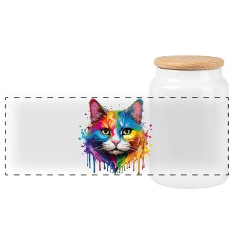 Rainbow Cat Watercolor Portrait - Panoramic Cookie Jar with Wooden Lid - white - Front