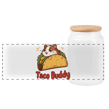 Taco Buddy – Cartoon Hamster Design - Panorama Keksdose mit Holzdeckel - Weiß - Vorne