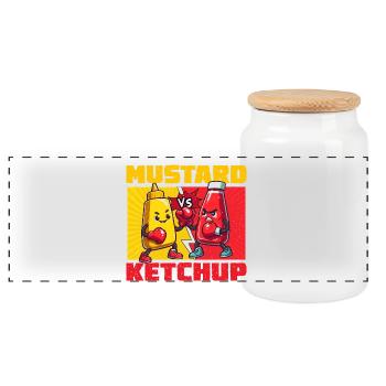 Mustard vs. Ketchup: Cartoon Duel - Panoramic Cookie Jar with Wooden Lid - white - Front