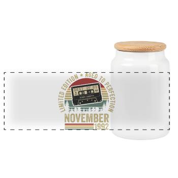 November 1992 - Panoramic Cookie Jar with Wooden Lid - white - Front