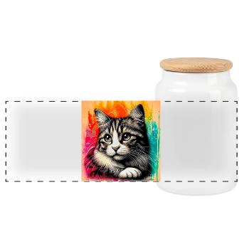 cat - Panoramic Cookie Jar with Wooden Lid - white - Front