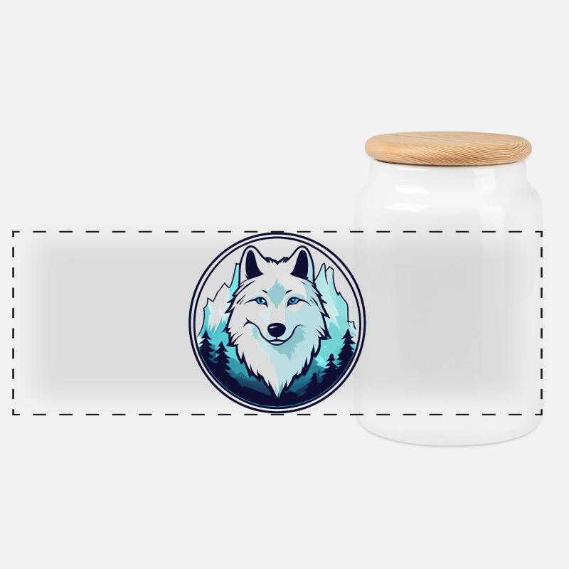 Polarwolf (Kopf) - Panorama Keksdose mit Holzdeckel - Weiß