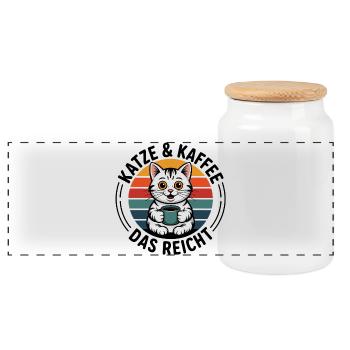 Katze und Kaffee das reicht - Panorama Keksdose mit Holzdeckel - Weiß - Vorne