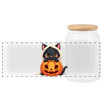 Halloween Cat with Halloween Pumpkin - Panorama Keksdose mit Holzdeckel - Weiß - Vorne