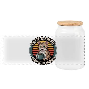 Katze & Kaffee Perfekter Morgen - Panorama Keksdose mit Holzdeckel - Weiß - Vorne