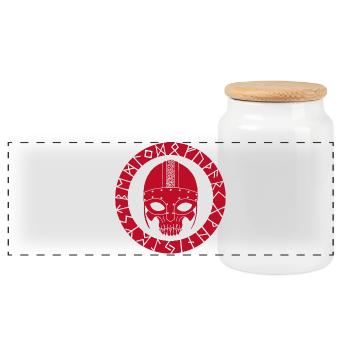 Red Skull and Viking Runes - Panoramic Cookie Jar with Wooden Lid - white - Front