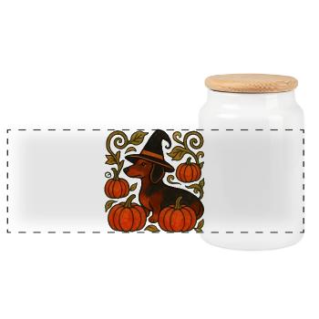 Pumpkin Witch Dachshund - Panoramic Cookie Jar with Wooden Lid - white - Front