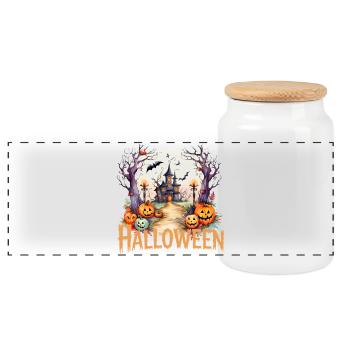 Halloween Laternenpfad zur Spukvilla - Panorama Keksdose mit Holzdeckel - Weiß - Vorne