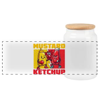 Mustard vs Ketchup Colorful Combat - Panoramic Cookie Jar with Wooden Lid - white - Front