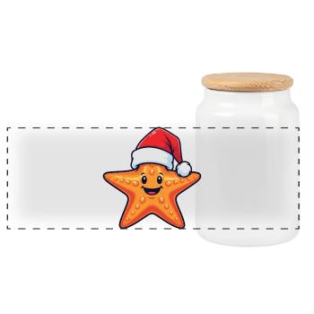 Cartoon starfish with Christmas hat - Panoramic Cookie Jar with Wooden Lid - white - Front