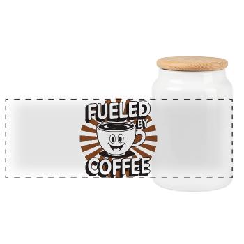 Fueled by Coffee – lächelnde Kaffeetasse - Panorama Keksdose mit Holzdeckel - Weiß - Vorne